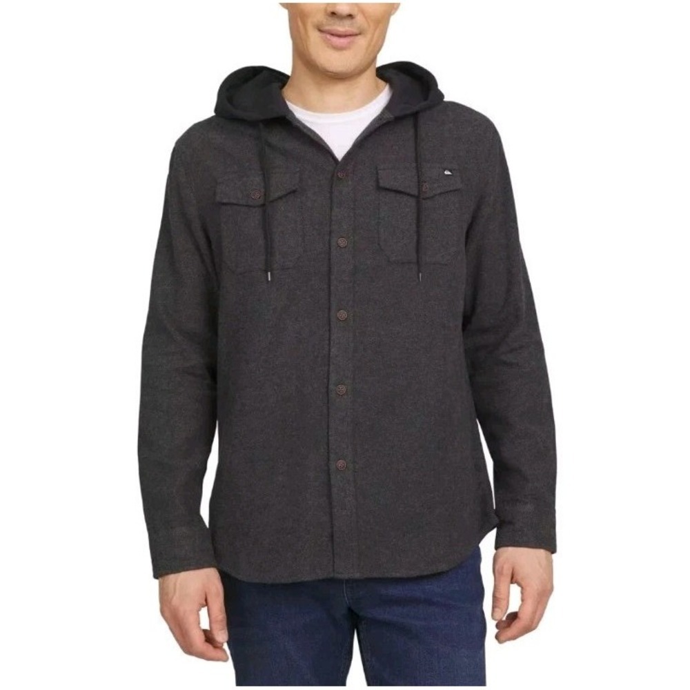 Quiksilver Men's Hooded Flannel, Hood With Drawstring, Midweight, Black Medium